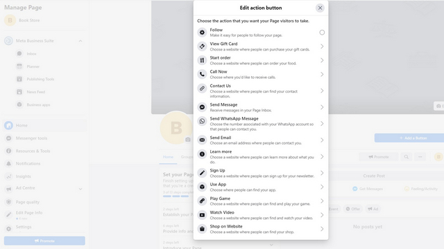 facebook వ్యాపార ఖాతా కోసం చర్య బటన్ను ఎంచుకోండి